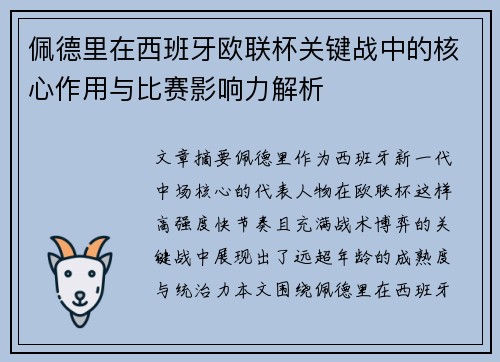 佩德里在西班牙欧联杯关键战中的核心作用与比赛影响力解析